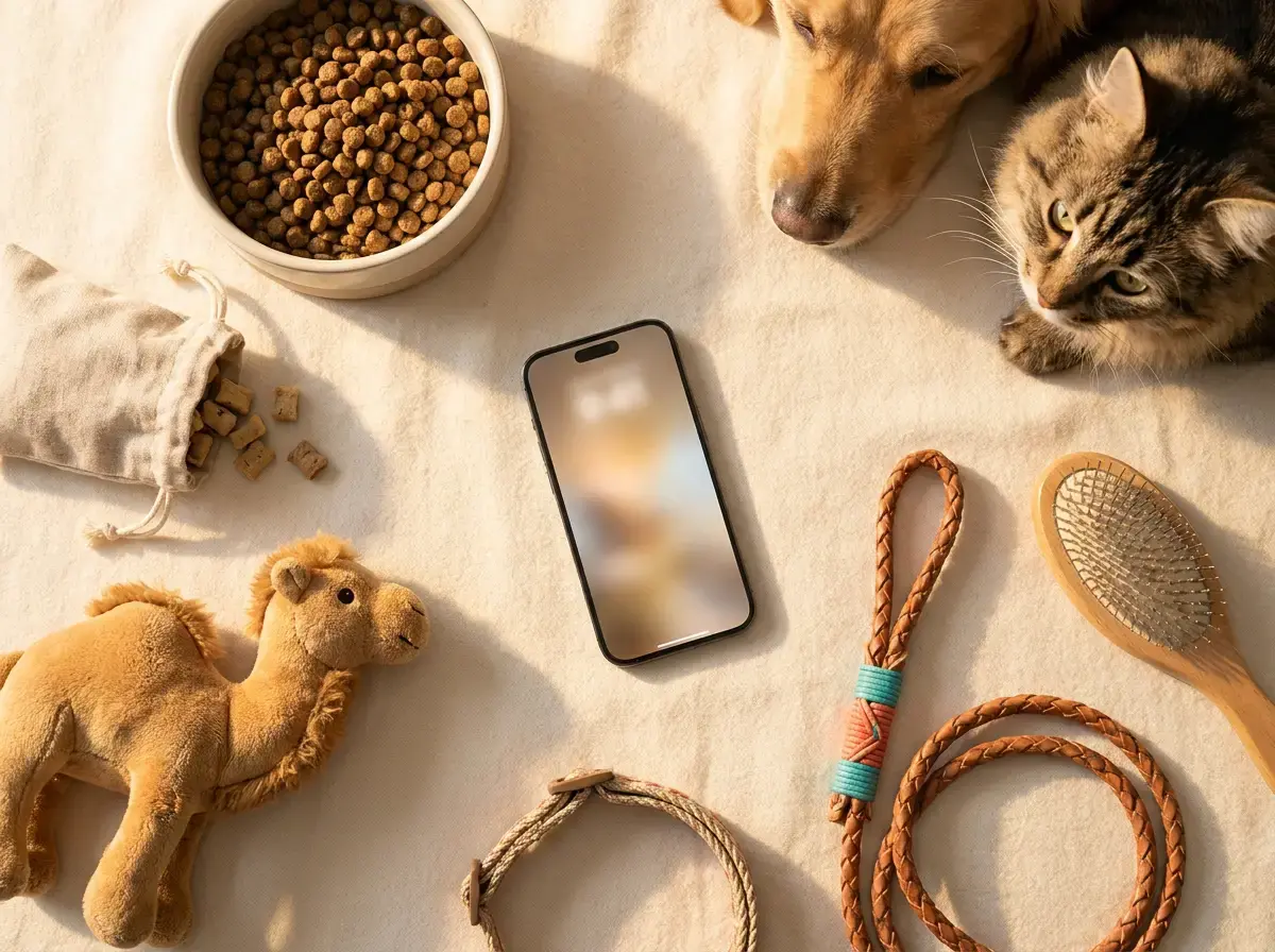 A dog and a cat beside food, toys, a lead and a brush laid out with a phone
