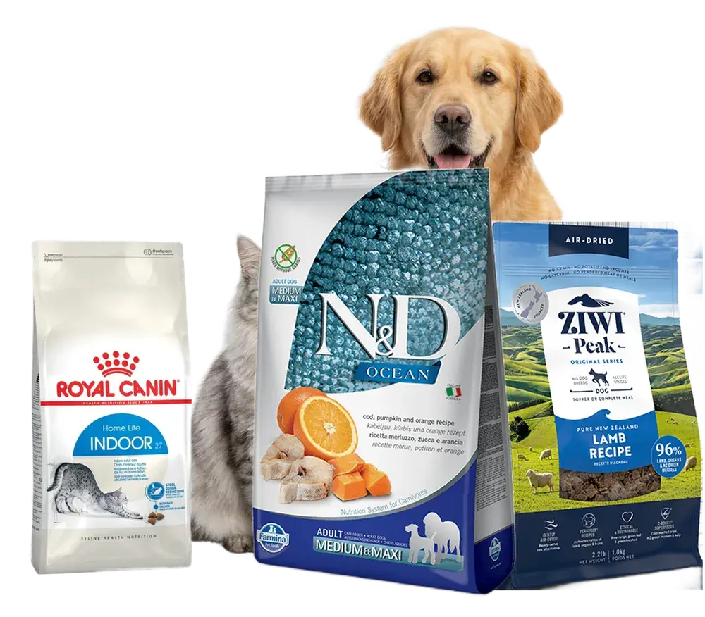 Royal Canin, Farmina N&D and Ziwi Peak food with a dog and a cat