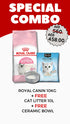 Royal Canin Feline Health Nutrition Dry Kitten Food 10Kg + FREE Kit Cat Classic Clump Cat Litter -10L (Baby Powder) + FREE  Ceramic Pet Bowl